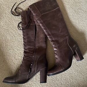 Nine West Dark Brown Leather Lace-up  Heeled Boots